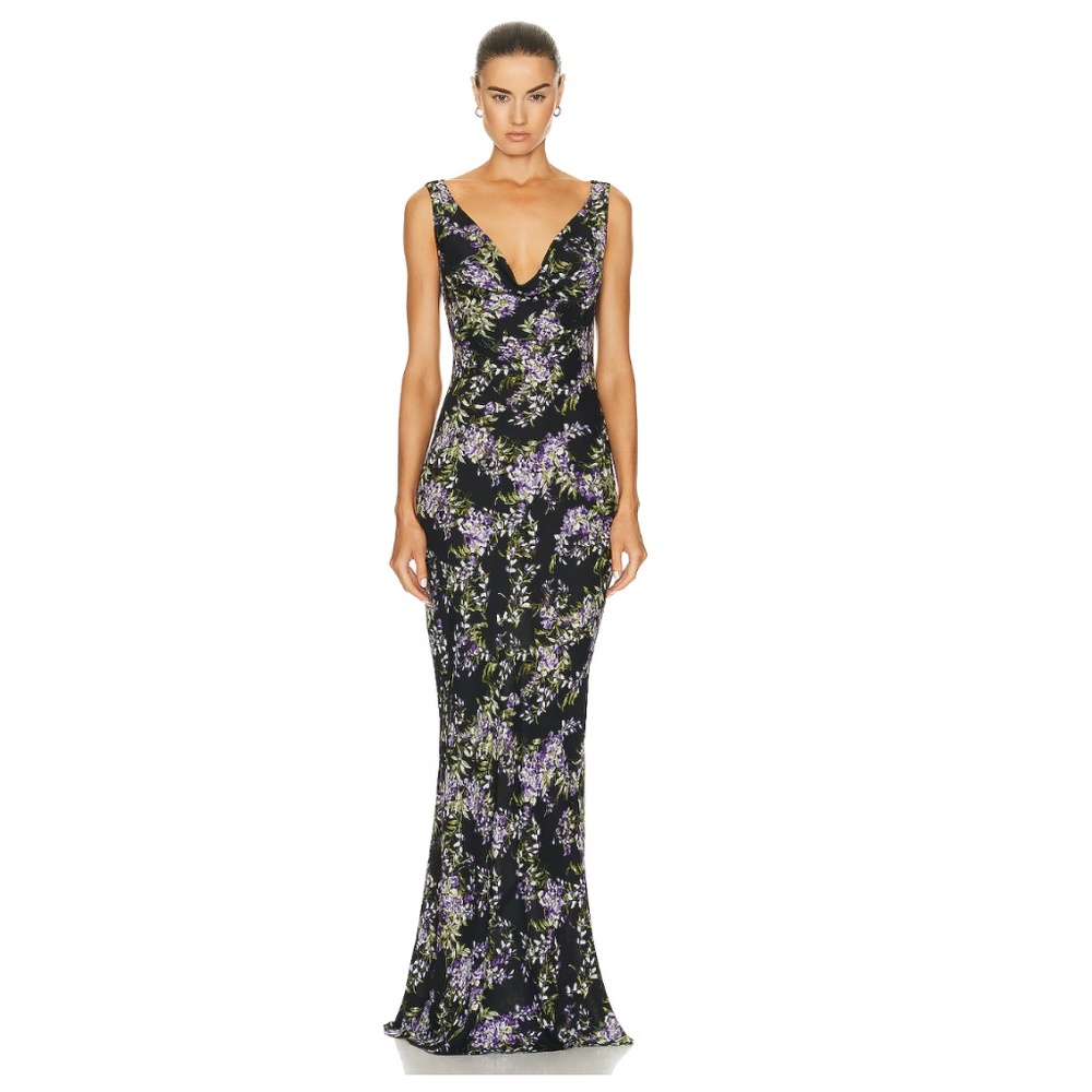 NWT Norma Kamali Floral Drape Neck Gown (S)
